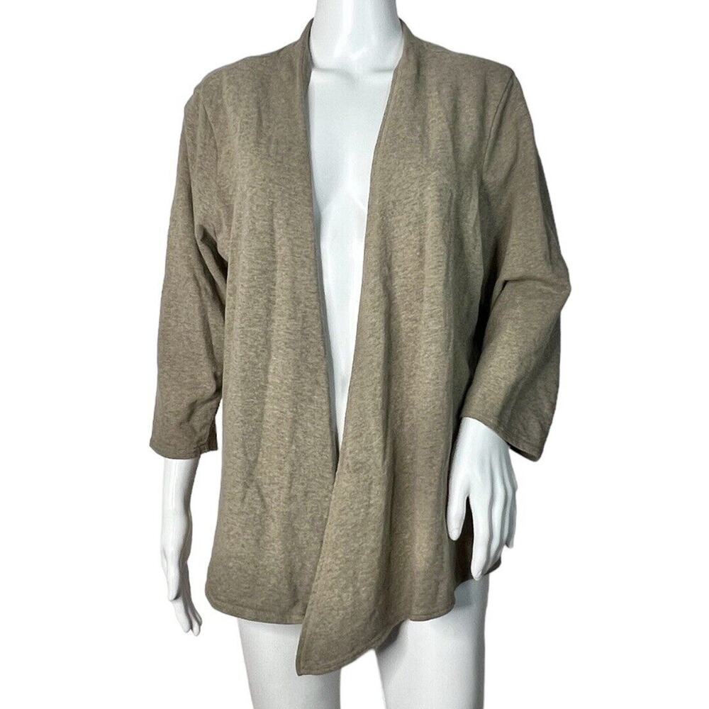 Chicos Sweater Womens Large Tan Open Front Waterfall Hem Neutral Minimalist